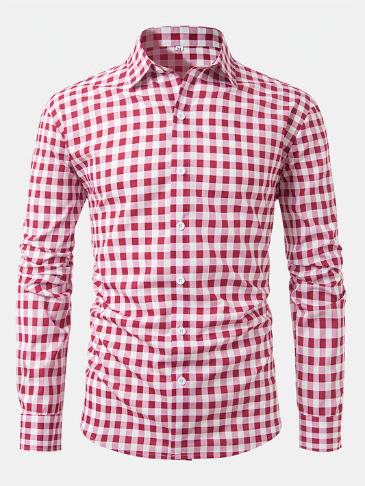 1pc Printed Plaid Long-sleeve Shirt with Lapel and Button-up Cardigan Style Casual Shirt