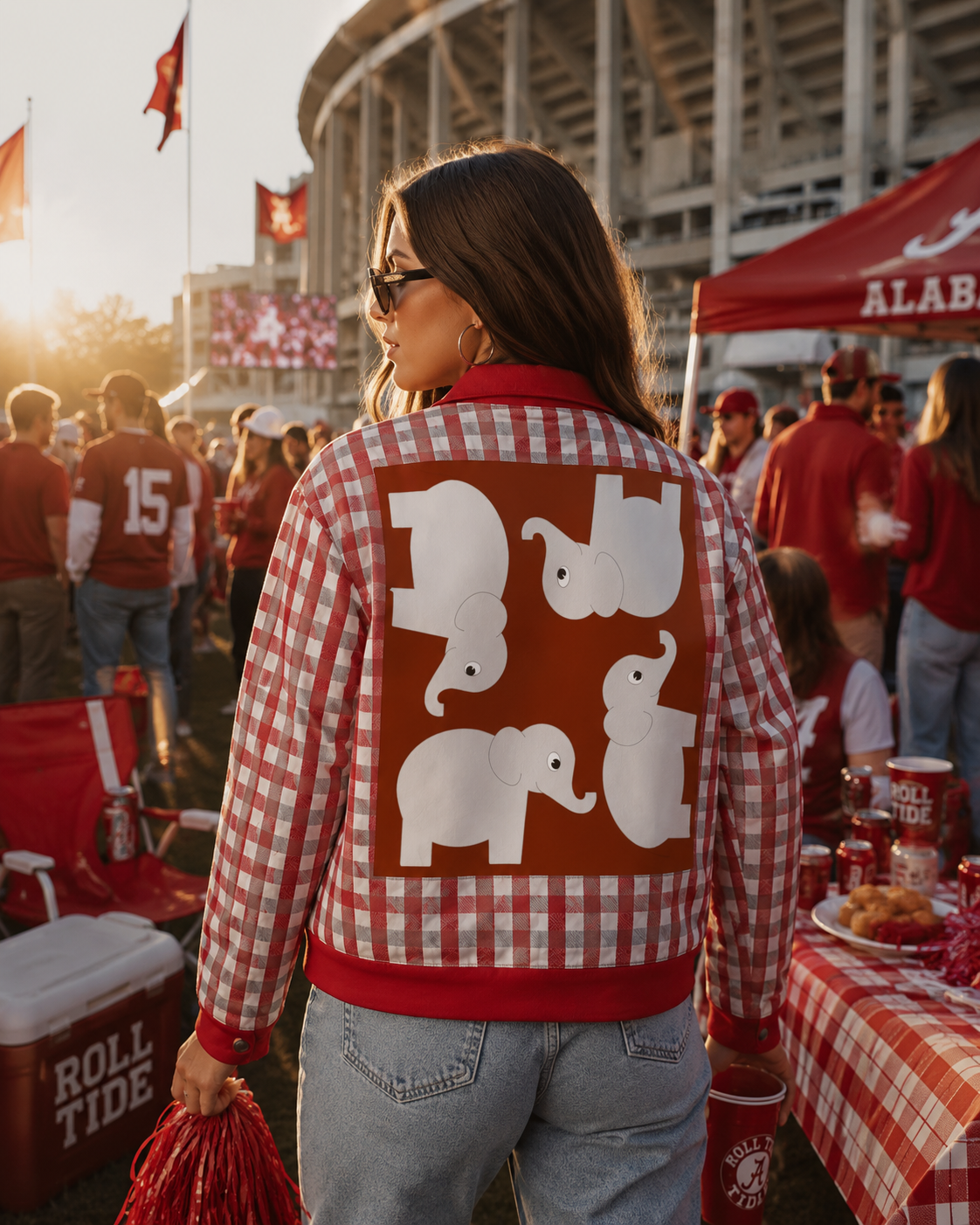Alabama Crimson Tide Gingham Elephant Game Day Jacket – Trendy Southern Football Streetwear for Women