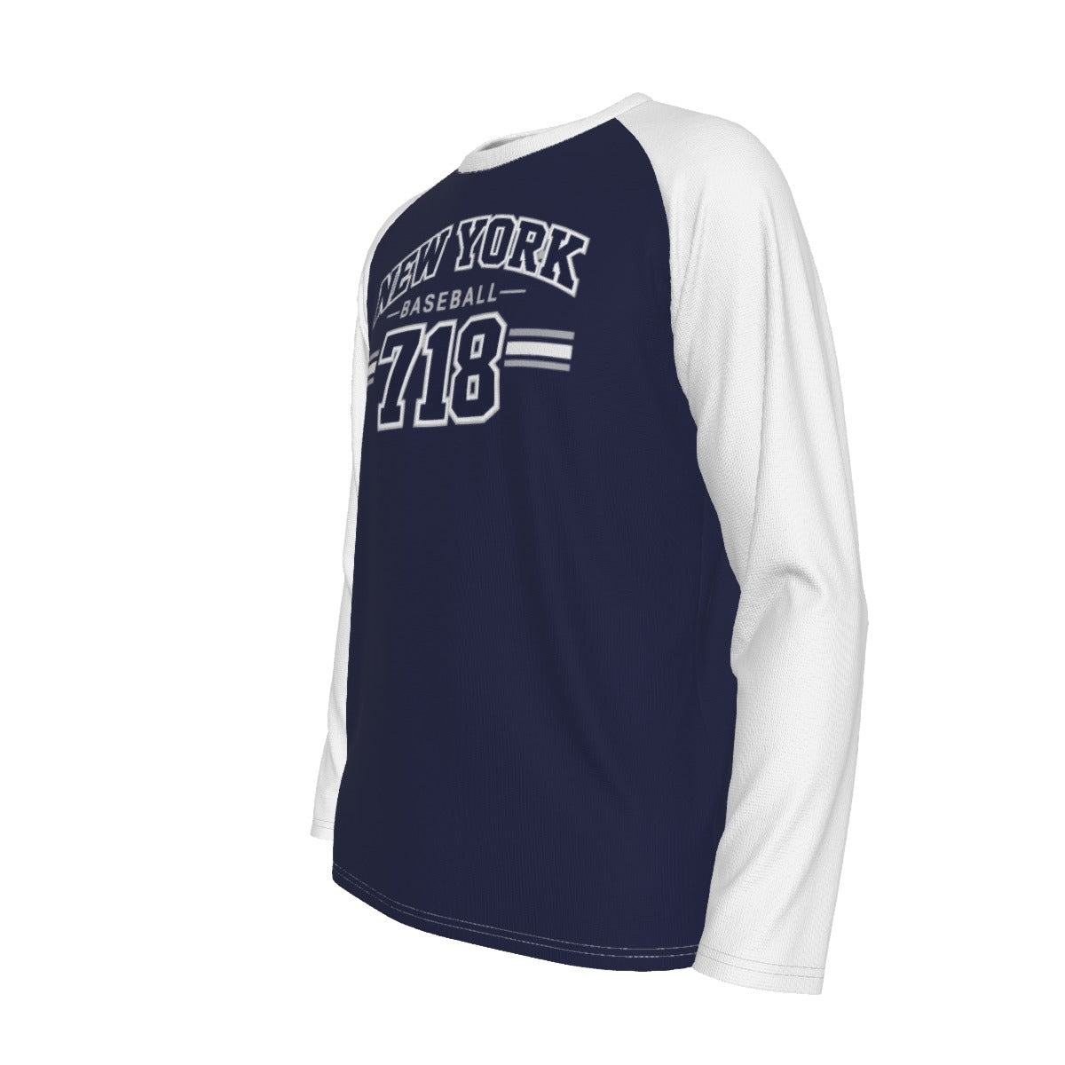 New York Baseball 718 Raglan Long Sleeve Shirt – Navy Blue and White Varsity Athletic Tee