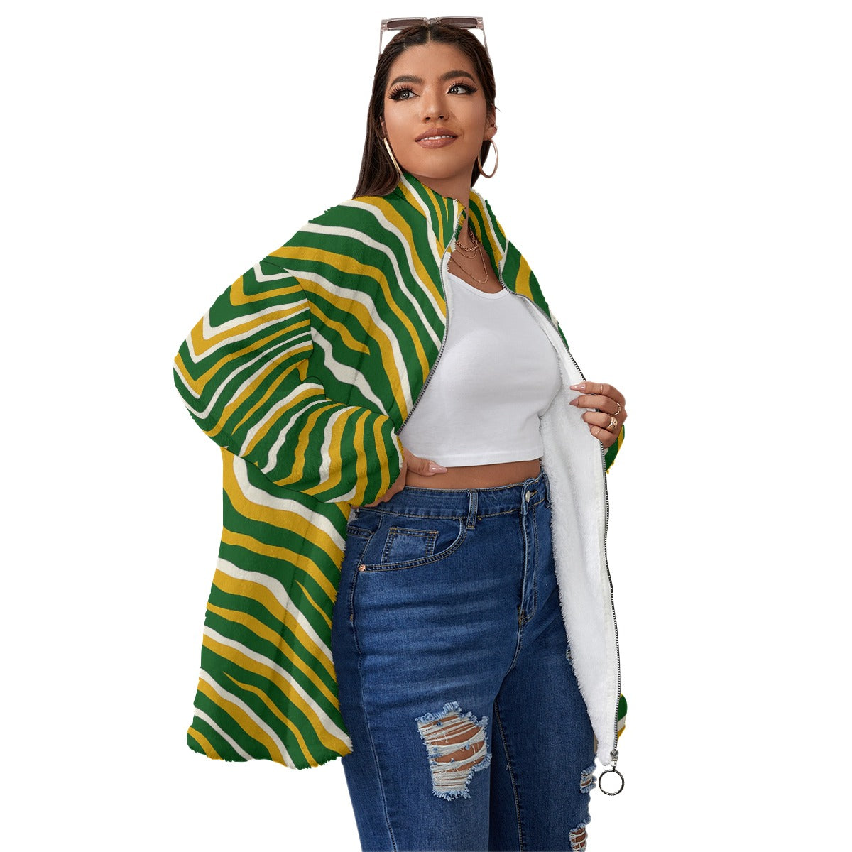 White Smoke Green Bay Football Yellow Green Unisex Borg Fleece Stand-Up Collar Coat With Zipper (Plus Size) – Ga