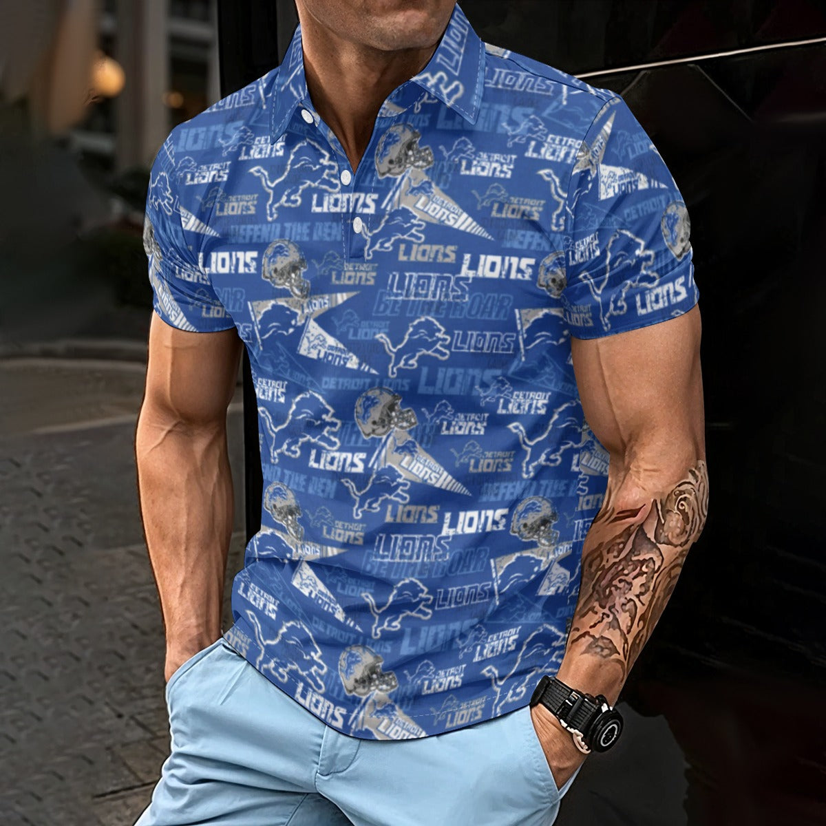 Detroit Lions  Men's Polo Shirt blue silver football back view game day look