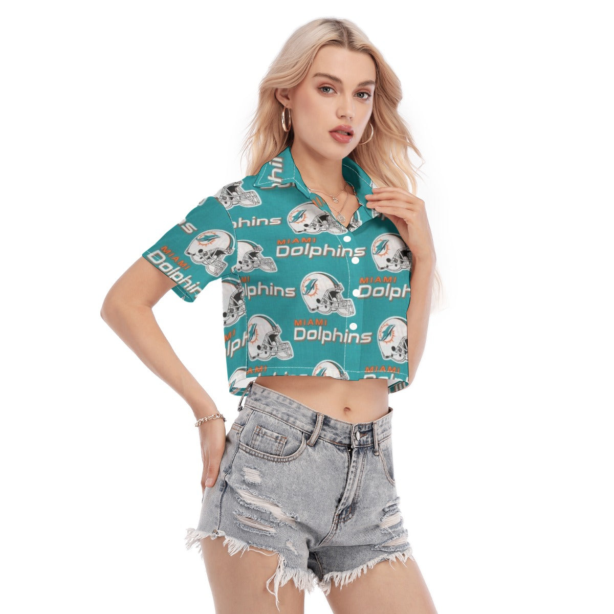 miami-dolphins-womens-cropped-shirt aqua orange football outfit detail