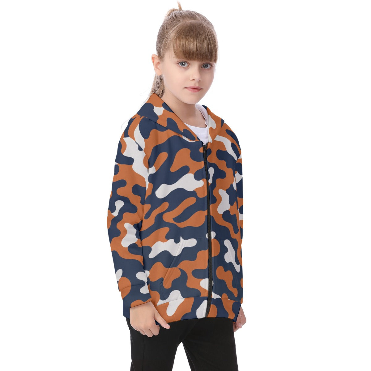 White Smoke Chicago Football Kids Zip Up Camo Hoodie – Navy Orange Youth Game Day Jacket