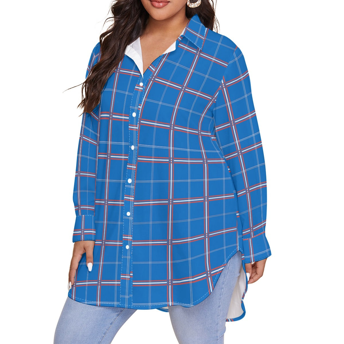 kansas jayhawks tartan plaid oversized button up women shirt women's shirt with long sleeve(plus size) women tartan plaid game day fashion