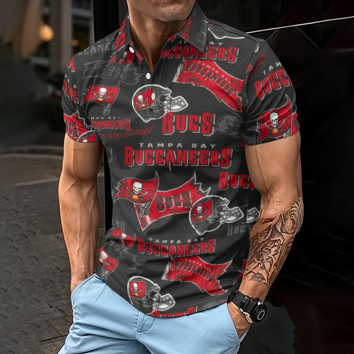 Tampa Bay Buccaneers Men's Polo Shirt red pewter football outfit back view