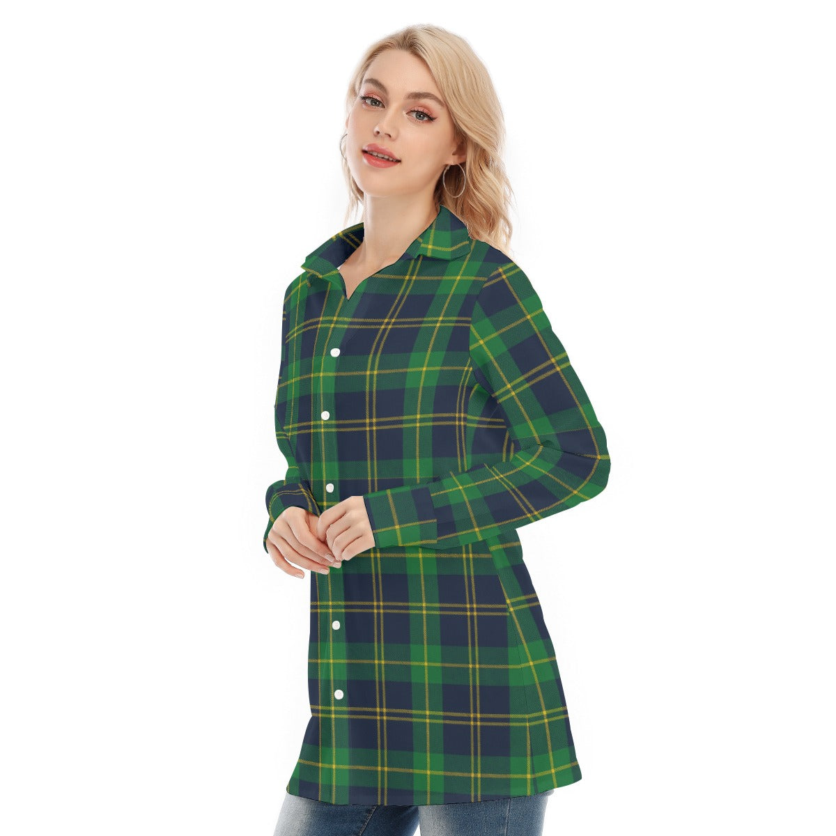 Notre Dame Fighting Irish Green Navy Gold Plaid Womens Long Shirt 115Gsm Cotton Poplin 8 green navy gold plaid women fashion apparel