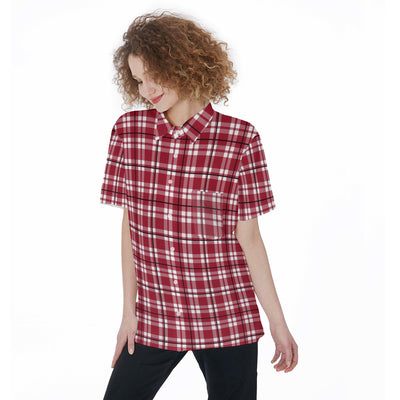 Alabama Crimson Tide Tartan Plaid Crimson White Women's Short Sleeve Shirt With Pocket