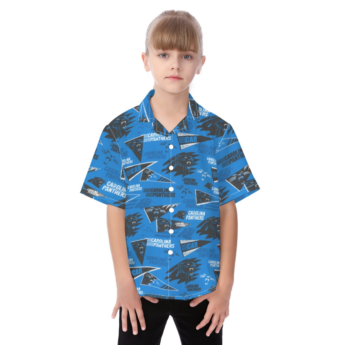 Carolina Panthers Kid's Hawaiian Vacation Shirt black blue football back view game day look