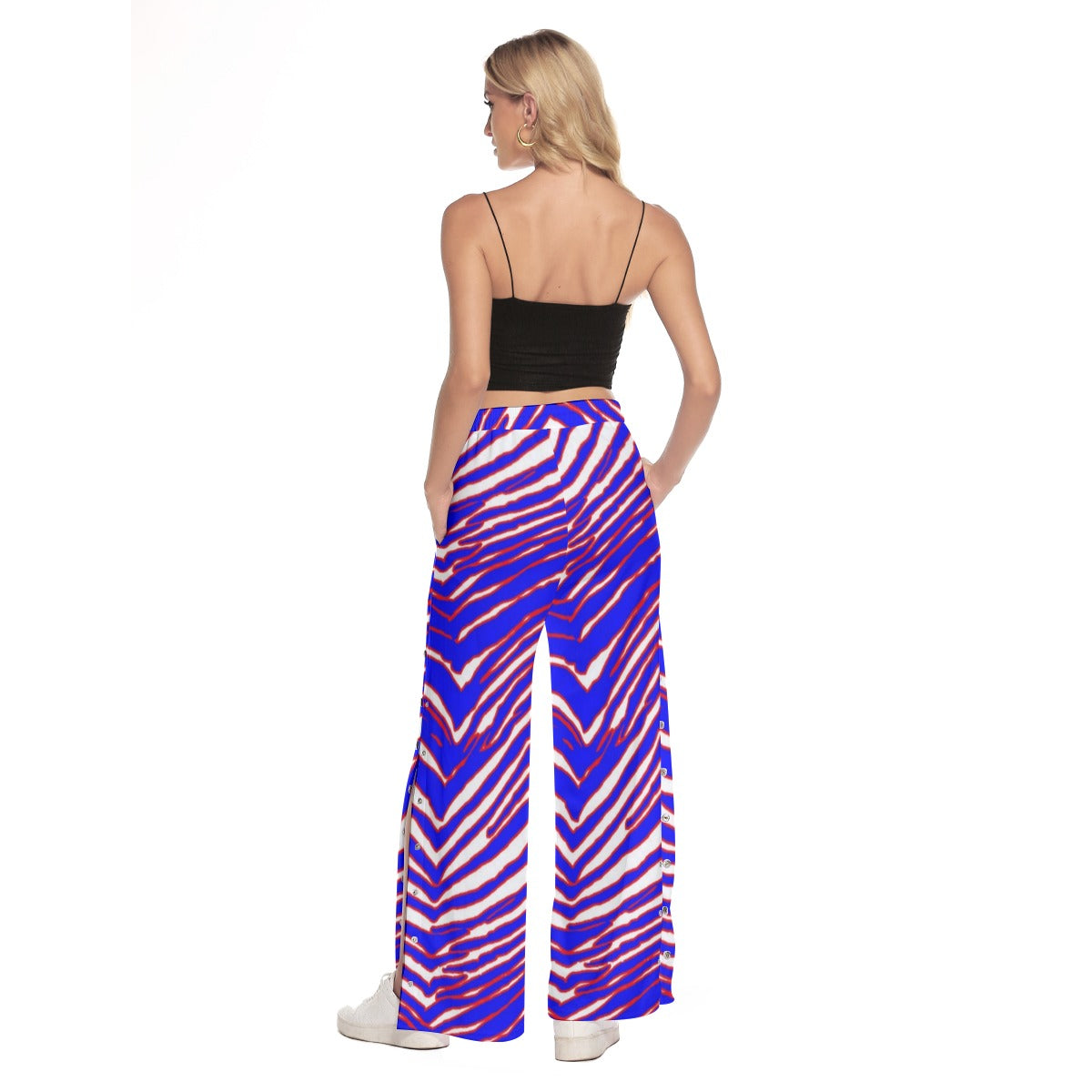 Buffalo Football Women's Side Slit Snap Button Trousers – Red Blue White Zebra Game Day Style