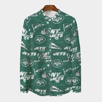 New York Jets  Men's Stand Collar Shirt With Long Sleeve|110GSM Imitation Flax green white football outfit back view