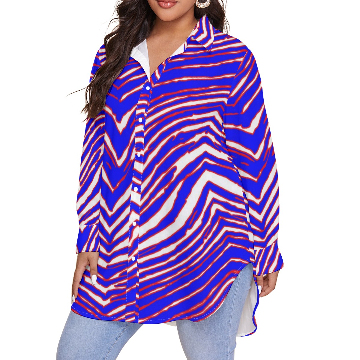 White Smoke Women’s Long Sleeve Shirt (Plus Size) – Red, Blue White Zebra Game Day Style