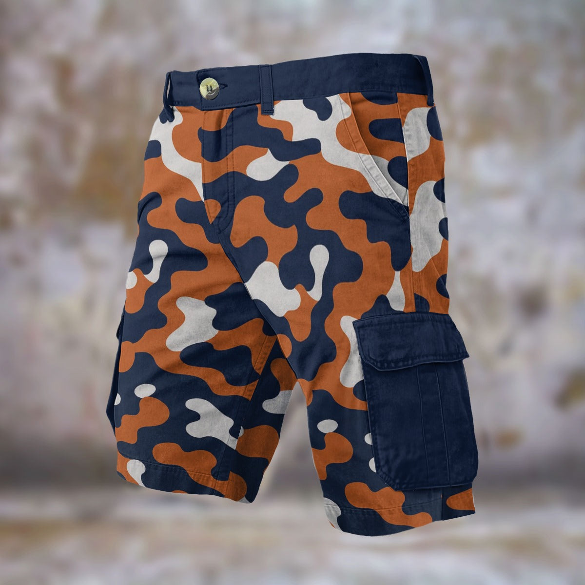 Chicago Football Camo Cargo Shorts for Men – Navy Orange Game Day Utility Shorts – nfl fan apparel, football shirt, image 1.0