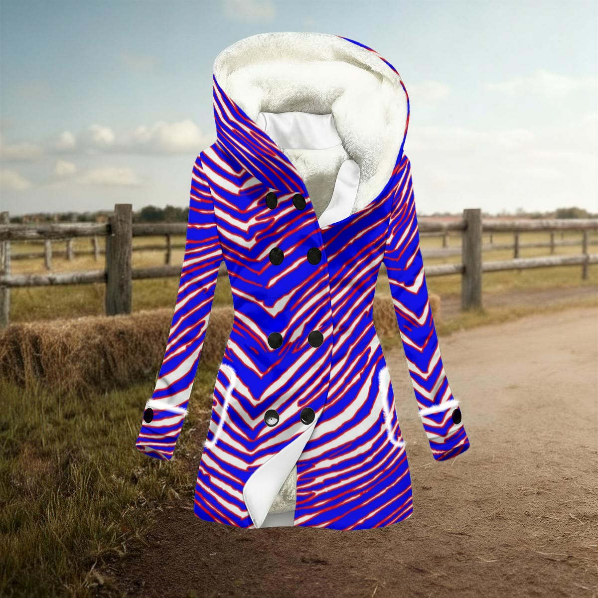 Buffalo Zebra Football Women’s Hooded Double-Breasted Winter Coat With Fleece – Warm Game Day Street – sportswear style, sportswear style, image 1.0