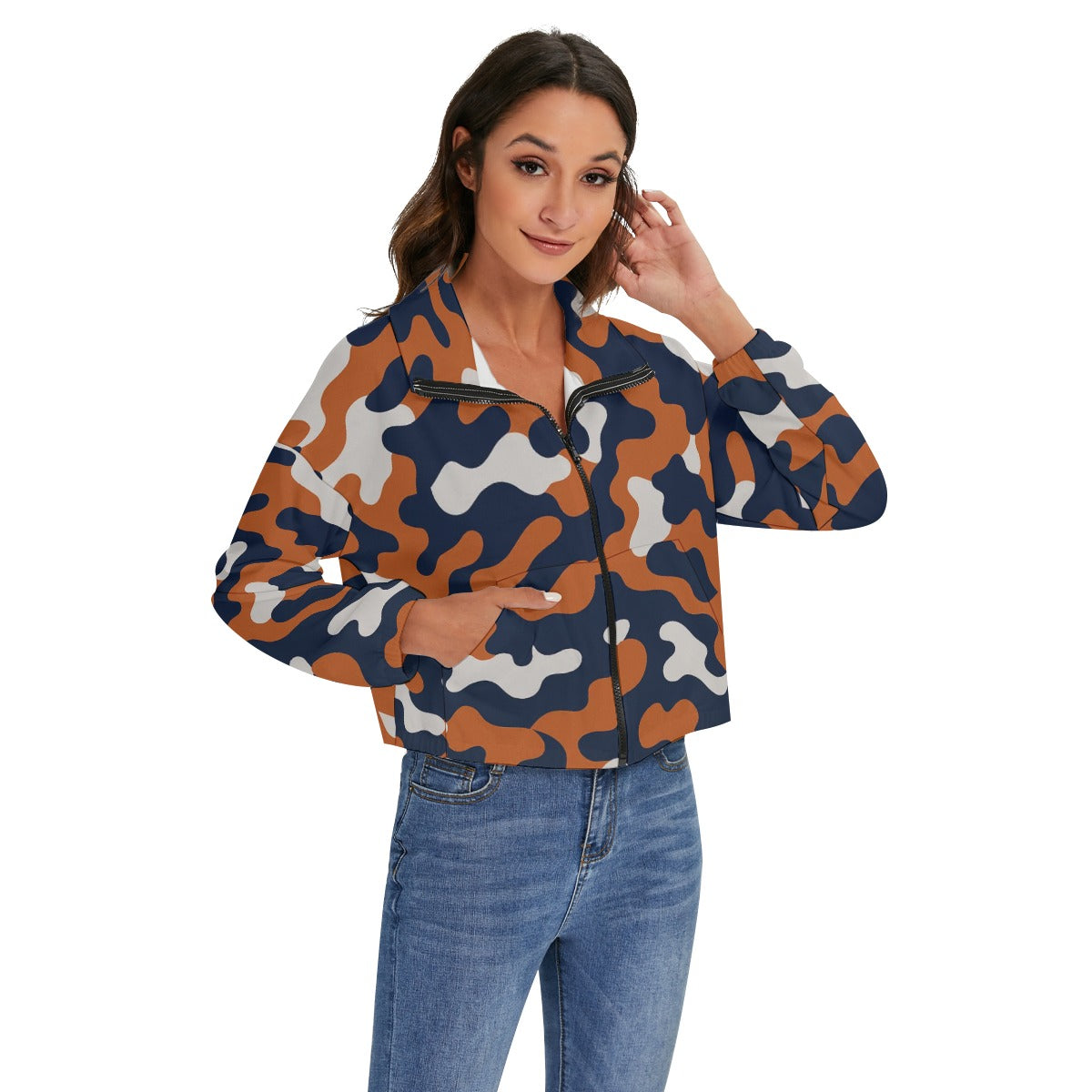White Smoke Chicago Football Women’s Cropped Camo Jacket – Navy Orange Game Day Zip Jacket