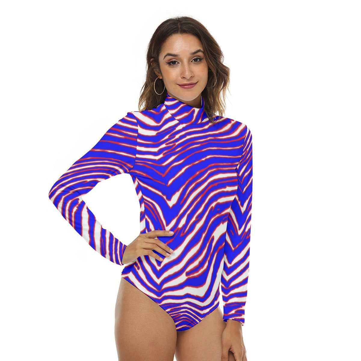 Women’s Stretchy Turtleneck Long Sleeve Bodysuit – Red, Blue  White Zebra Game Day Style – nfl fan apparel, sportswear style, image 1.0