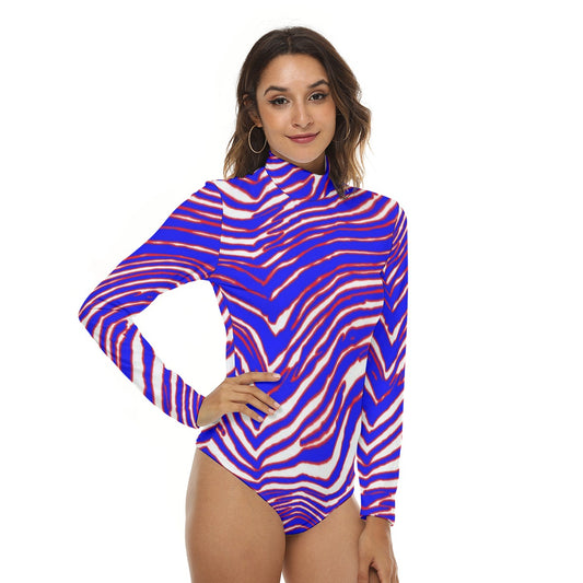 Women’s Stretchy Turtleneck Long Sleeve Bodysuit – Red, Blue  White Zebra Game Day Style
