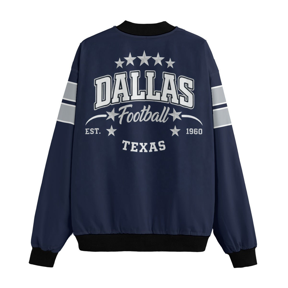 Navy blue sweatshirt with 'Dallas Football Texas' text on a white background
