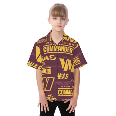 Washington Commanders Kid's Hawaiian Vacation Shirt burgundy gold football outfit back view