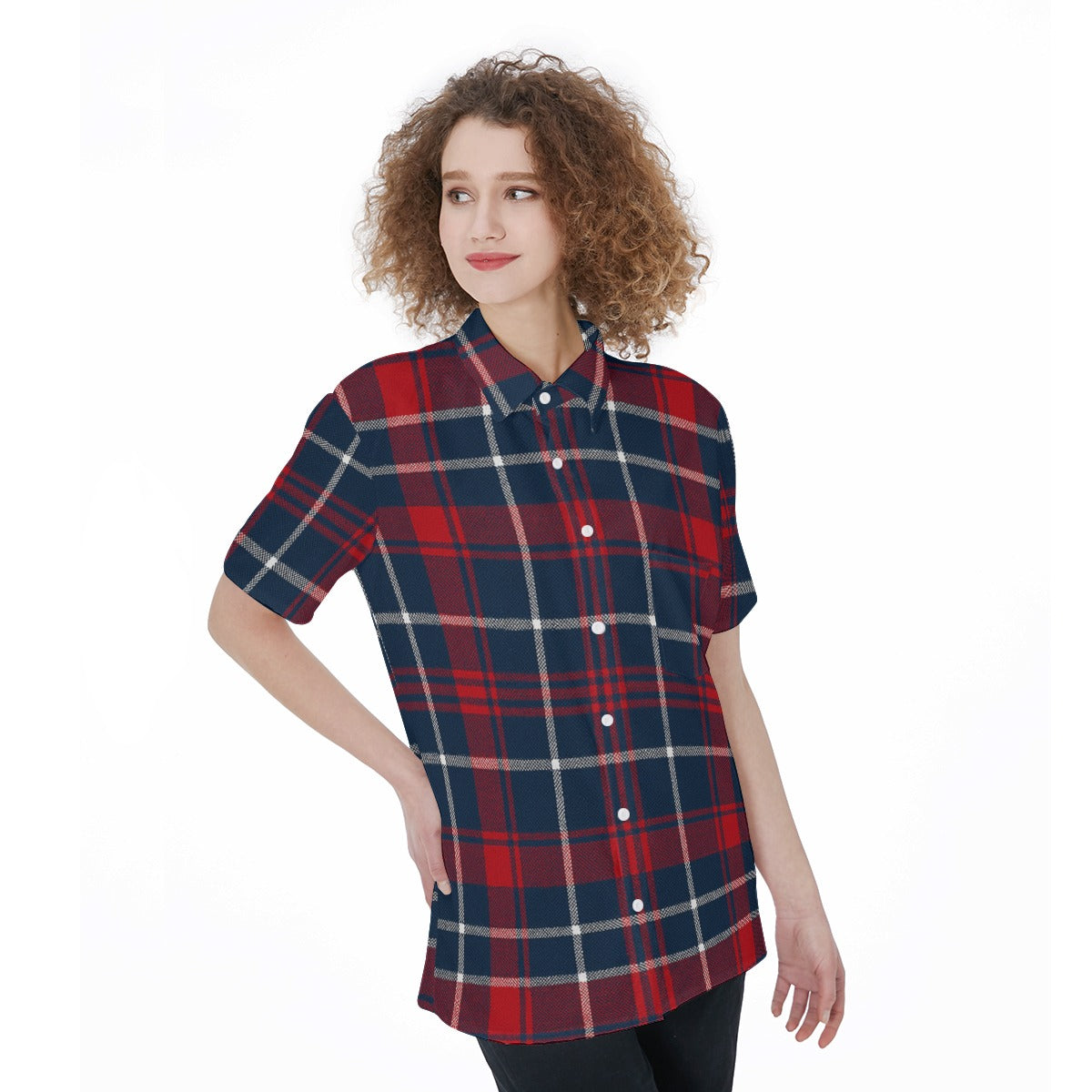 Woman wearing a red and blue plaid shirt on a white background