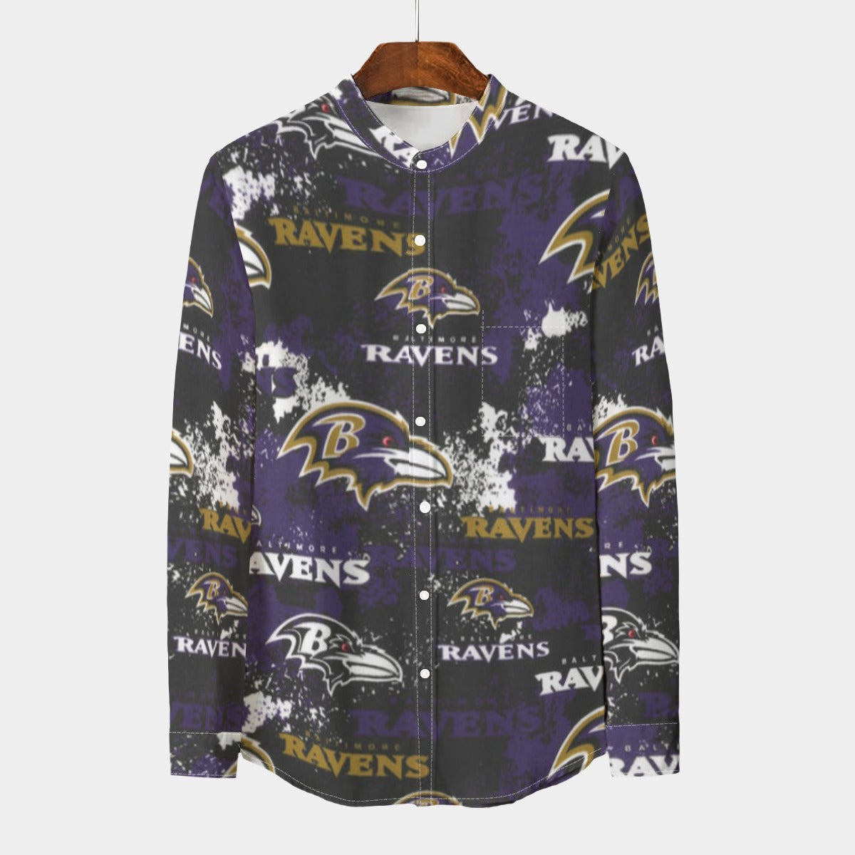 Baltimore Ravens  Men's Stand Collar Shirt With Long Sleeve|110GSM Imitation Flax purple black football outfit back view