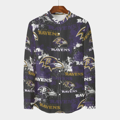 Baltimore Ravens  Men's Stand Collar Shirt With Long Sleeve|110GSM Imitation Flax purple black football outfit back view