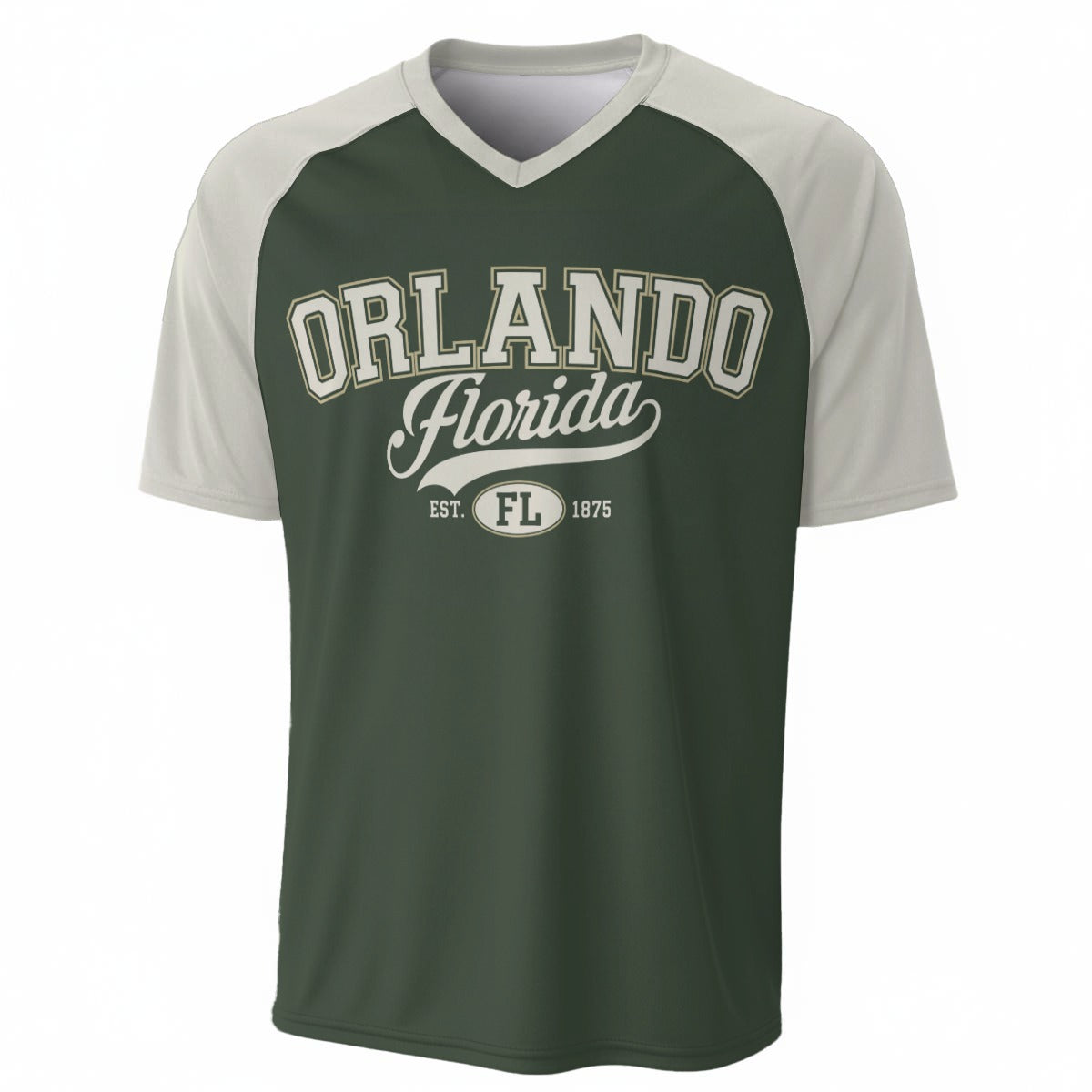Orlando Florida Green V Neck T Shirt – Forest Green and Cream Varsity Athletic Tee – game day outfit, football shirt, image 1.0