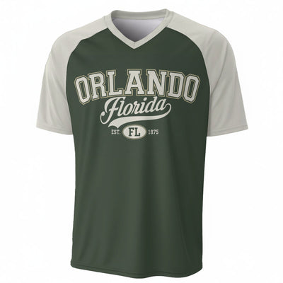 Orlando Florida Green V Neck T Shirt – Forest Green and Cream Varsity Athletic Tee – game day outfit, football shirt, image 1.0