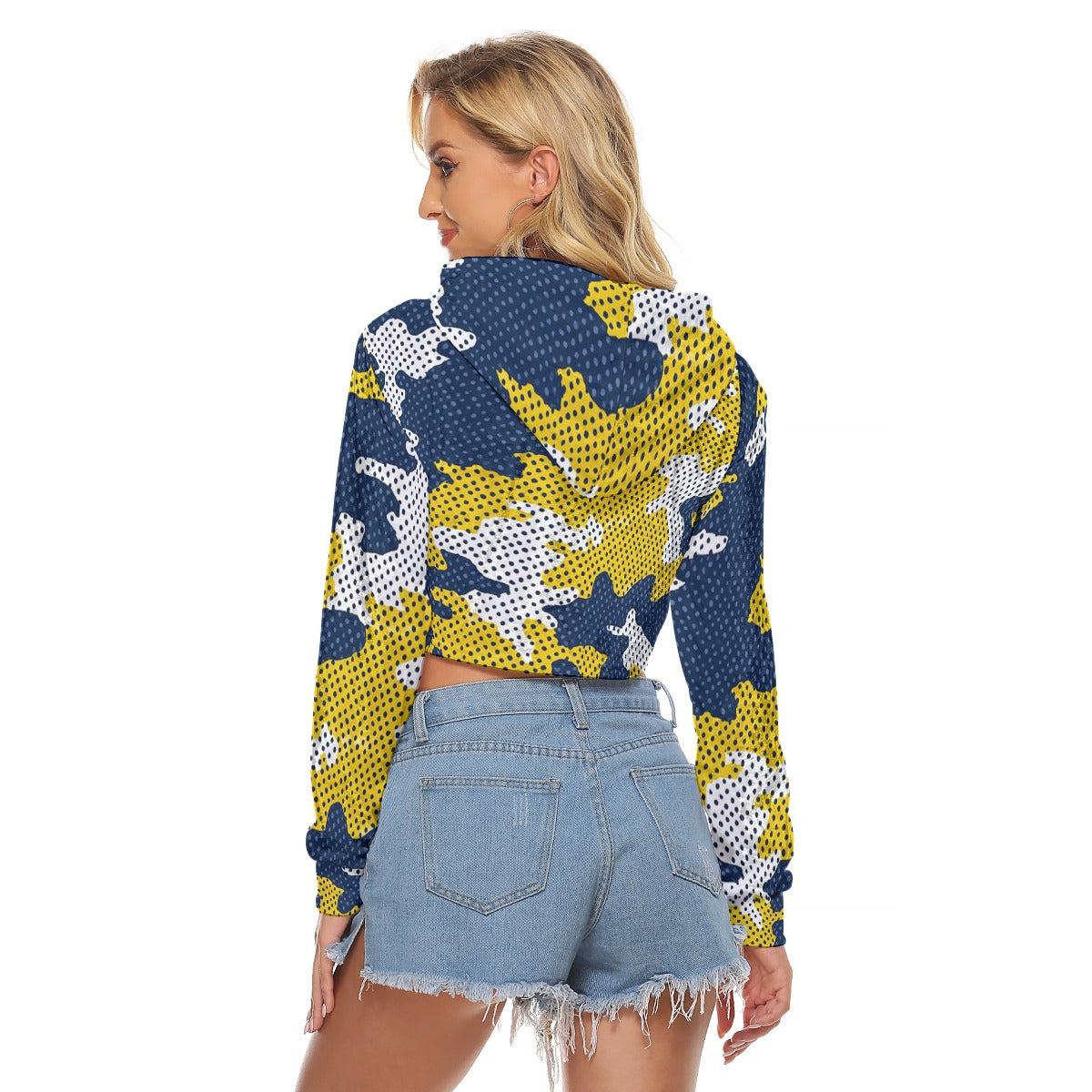 White Smoke Michigan Camo Women’s Crop Top Hoodie Velvet – Cropped Camouflage Football Sweatshirt for