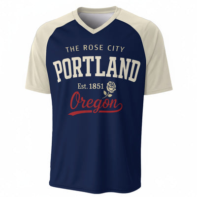 Portland Rose City Graphic T-Shirt in Navy and Beige – Oregon Streetwear Tee – lightweight game day shirt, fan gear, image 1.0