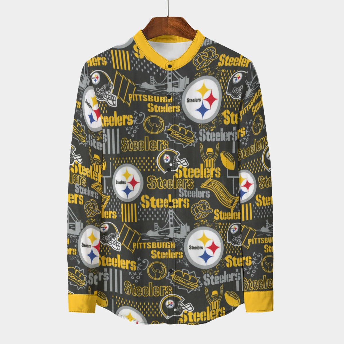 Pittsburgh Steelers Men's Stand Collar Shirt With Long Sleeve|110GSM Imitation Flax – fan gear, lightweight game day shirt, image 734