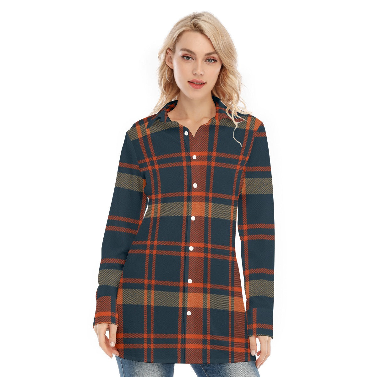 Auburn Tigers Tartan Plaid Navy Orange Women's Long Shirt |115GSM Cotton poplin streetwear fashion product image 3