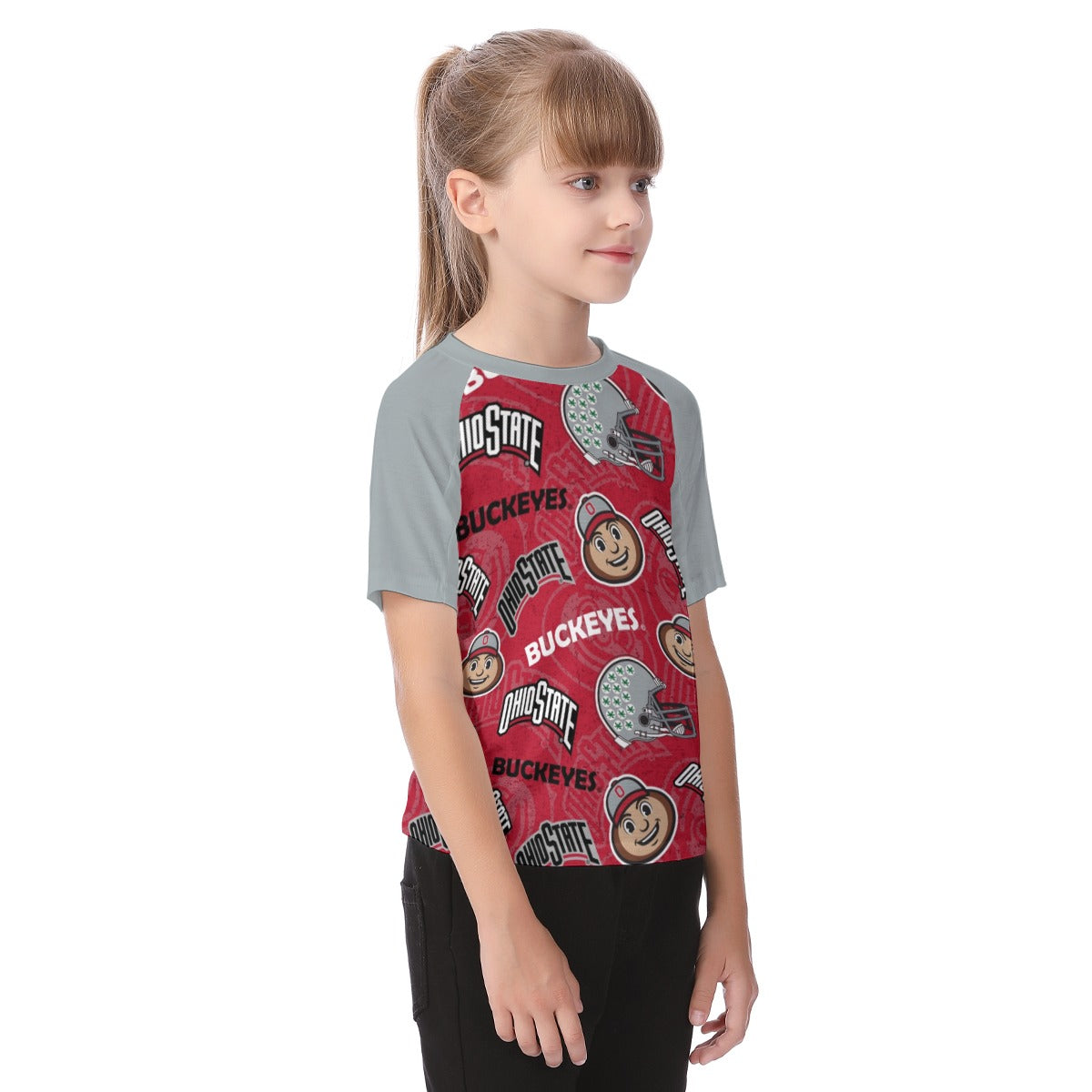 Ohio State Buckeyes Kids Raglan Sleeve T-Shirt – Scarlet and Gray Youth Football Game Day Shirt White game day varsity apparel