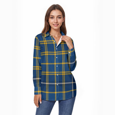 west virginia mountaineers tartan plaid blue gold women's comfort shirt with button|125gsm cotton blue gold tartan plaid mountaineers game day fashion