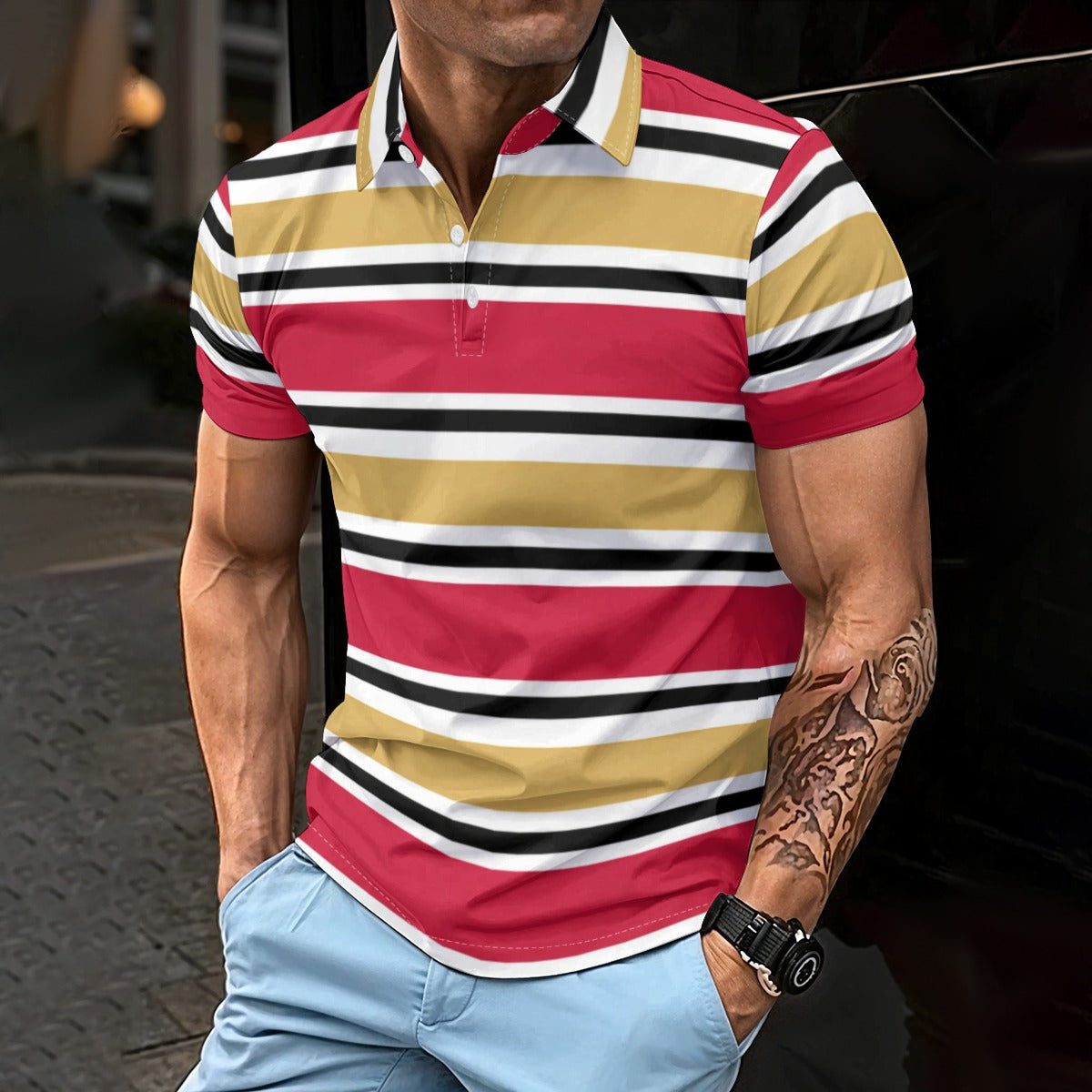San Francisco Football Striped Men’s Polo Shirt – Red and Gold Game Day Style – sportswear style, sportswear style, image 1.0