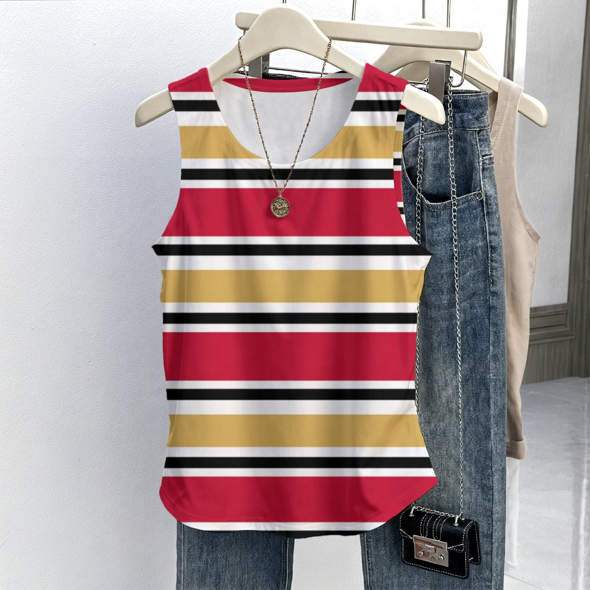 San Francisco Football Striped Women’s Sleeveless Vest – Red and Gold Game Day Top – breathable comfort wear, fan gear, image 1.0