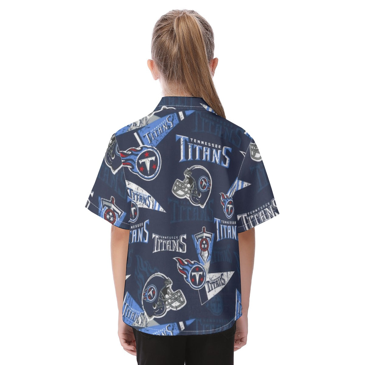 tennessee-titans-kids-hawaiian-vacation-shirt navy light blue football close-up design detail