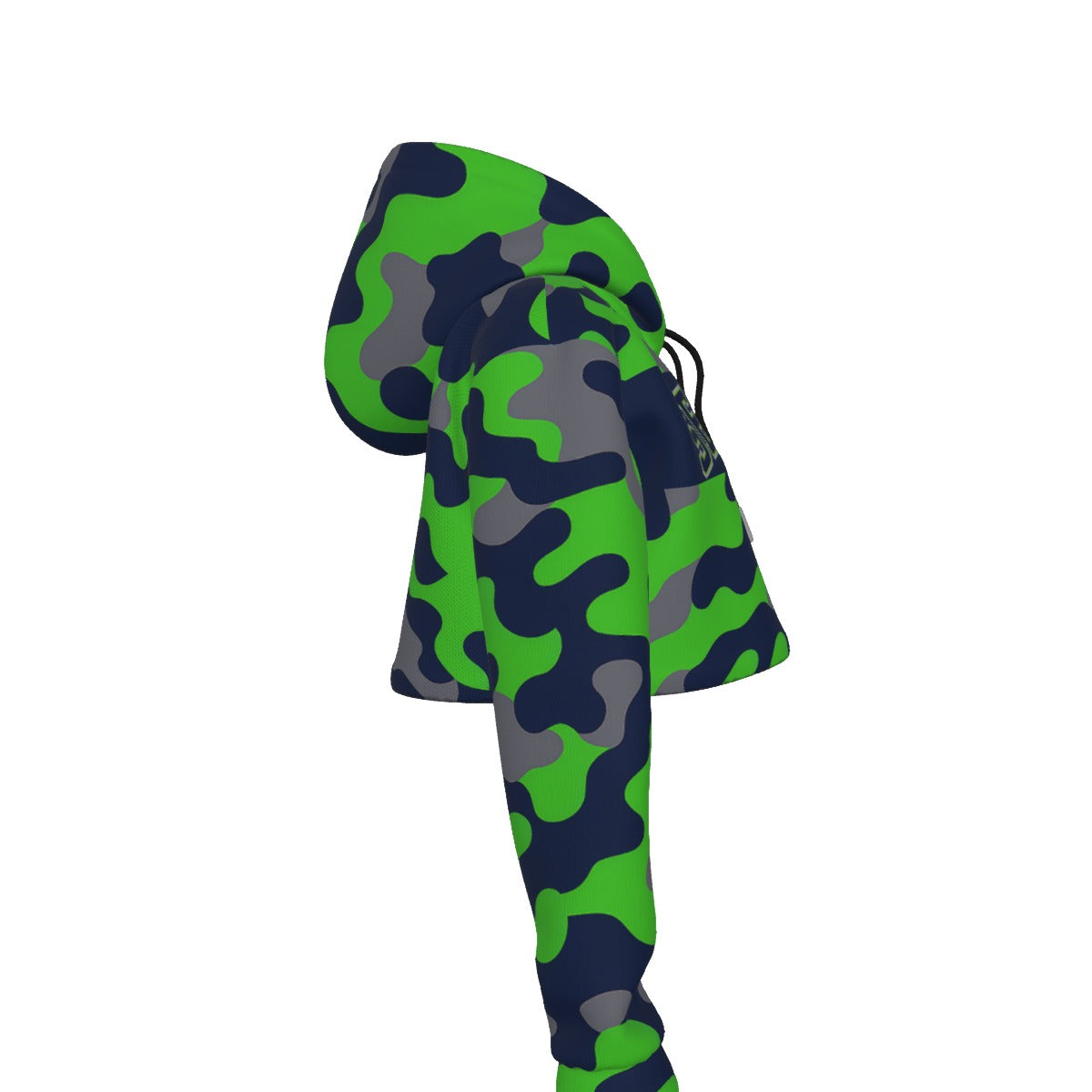 White Smoke Seattle Football Varsity Camo Women’s Crop Top Hoodie – Navy and Action Green Game Day Cropped Sweat