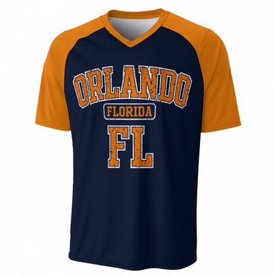 Orlando Florida Navy and Orange V Neck T Shirt – Varsity Athletic FL Tee – fan gear, fan gear, image 1.0