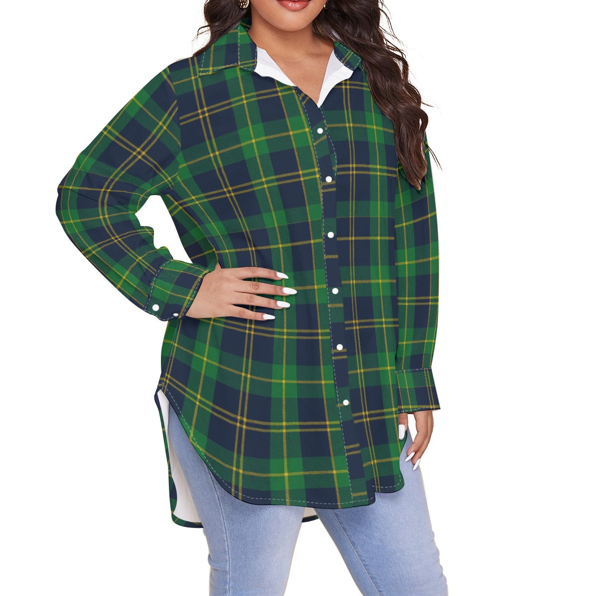 Notre Dame Fighting Irish Green Navy Gold Plaid Womens Shirt With Long Sleeveplus Size 7 green navy gold plaid women fashion apparel