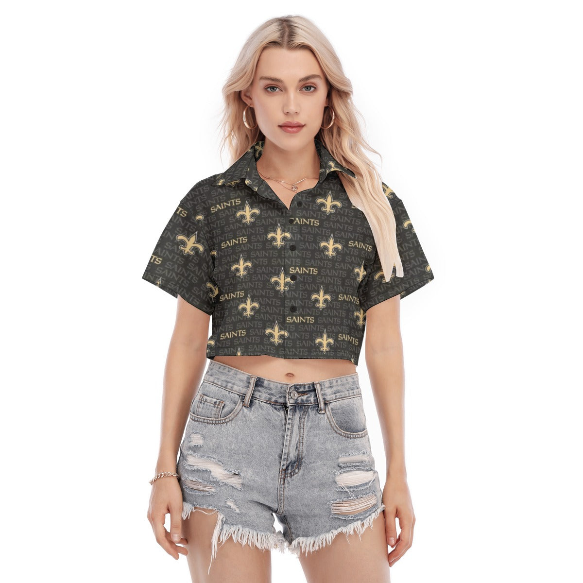 New Orleans Saints Women's Cropped Shirt black gold football back view streetwear style