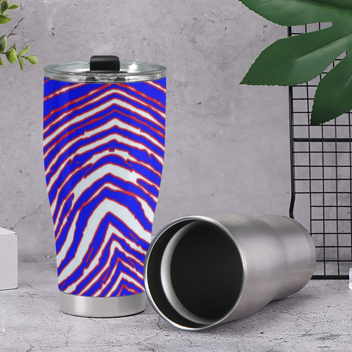 Dark Gray 30OZ Cone Car Cup – Red Blue White Zebra Game Day Style