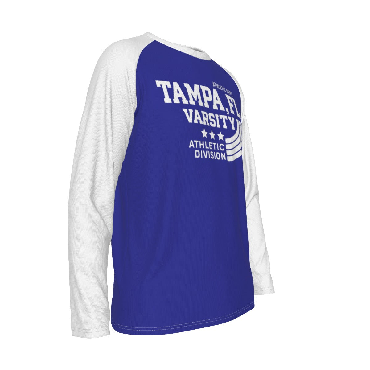 Dark Slate Blue Tampa FL Varsity Royal Blue and White Long Sleeve Shirt Men Athletic Raglan Tee