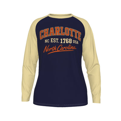 Charlotte NC Est 1768 Long Sleeve Varsity Shirt – Navy Gold North Carolina Raglan – nfl fan apparel, sportswear style, image 1.0