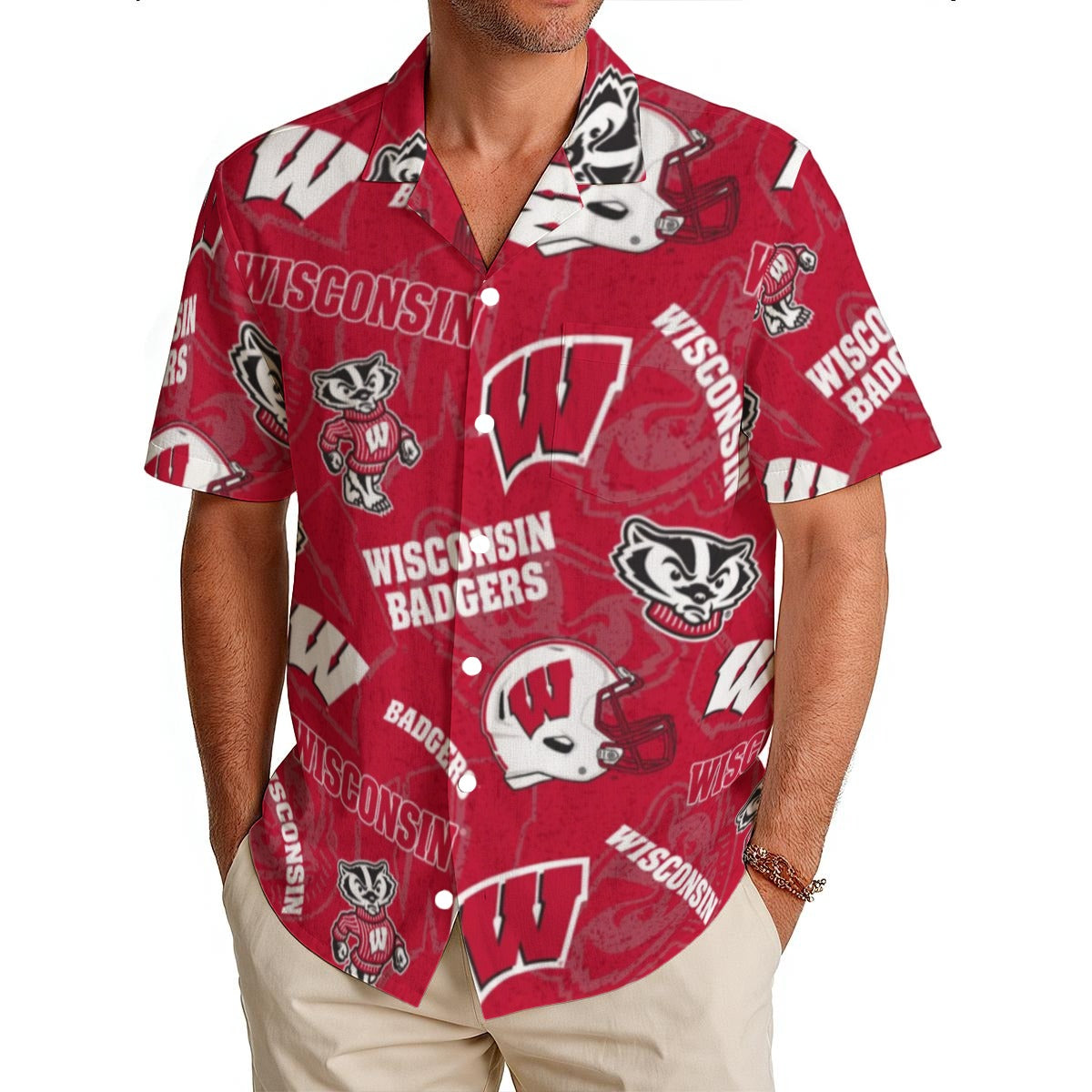 Wisconsin Madison Badgers Men's Hawaiian Shirt|150GSM - Badgers football tee varsity sportswear product image 1.0