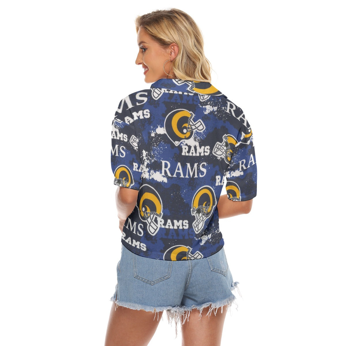 los-angeles-rams-womens-v-neck-shirts navy orange football outfit side view