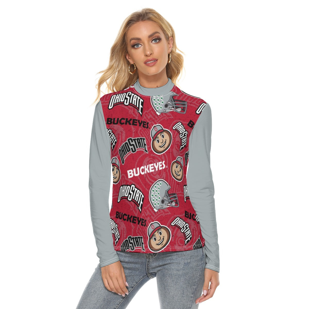 Ohio State Buckeyes Women’s Stretchable Turtleneck Top – Scarlet and Gray Football Game Day Long Sle White game day varsity apparel