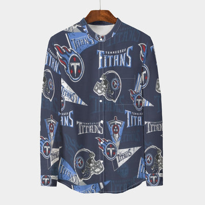 Tennessee Titans Men's Stand Collar Shirt With Long Sleeve|110GSM Imitation Flax navy light blue football back view game day look