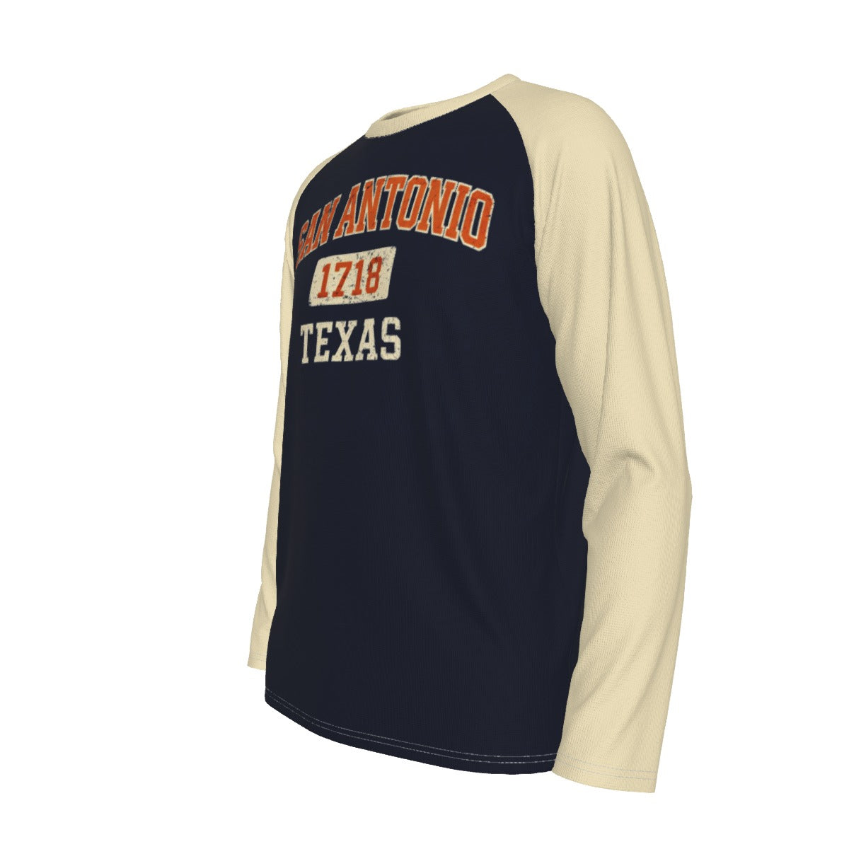 San Antonio Texas 1718 Navy Blue and Cream Long Sleeve Shirt Men Orange Varsity Raglan Tee