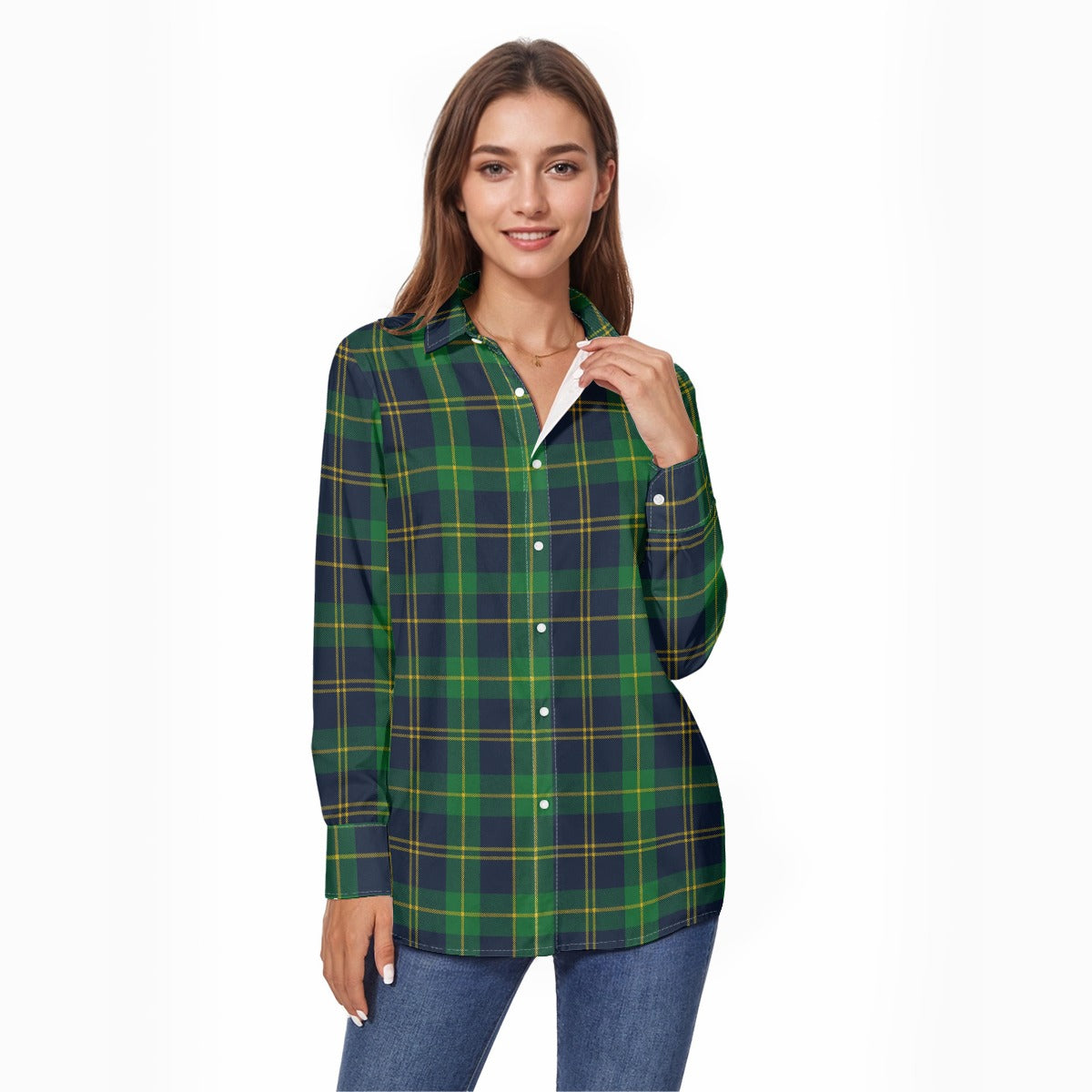 Notre Dame Fighting Irish Green Navy Gold Plaid Womens Comfort Shirt With Button 125Gsm Cotton 7 green navy gold plaid women fashion apparel