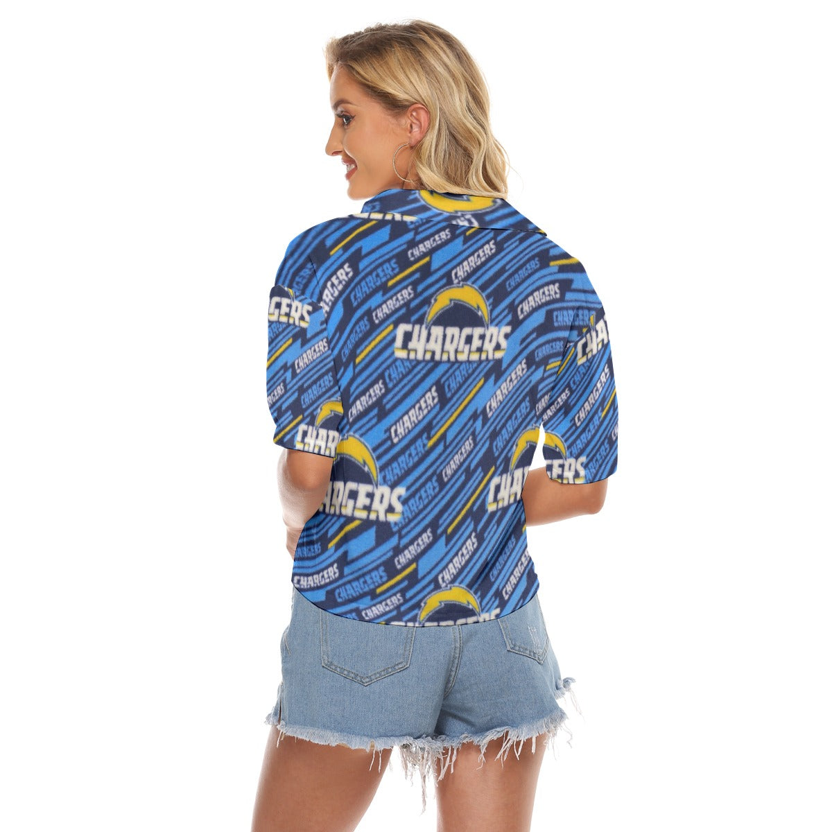 los-angeles-chargers-womens-v-neck-shirts powder blue yellow football close-up design detail